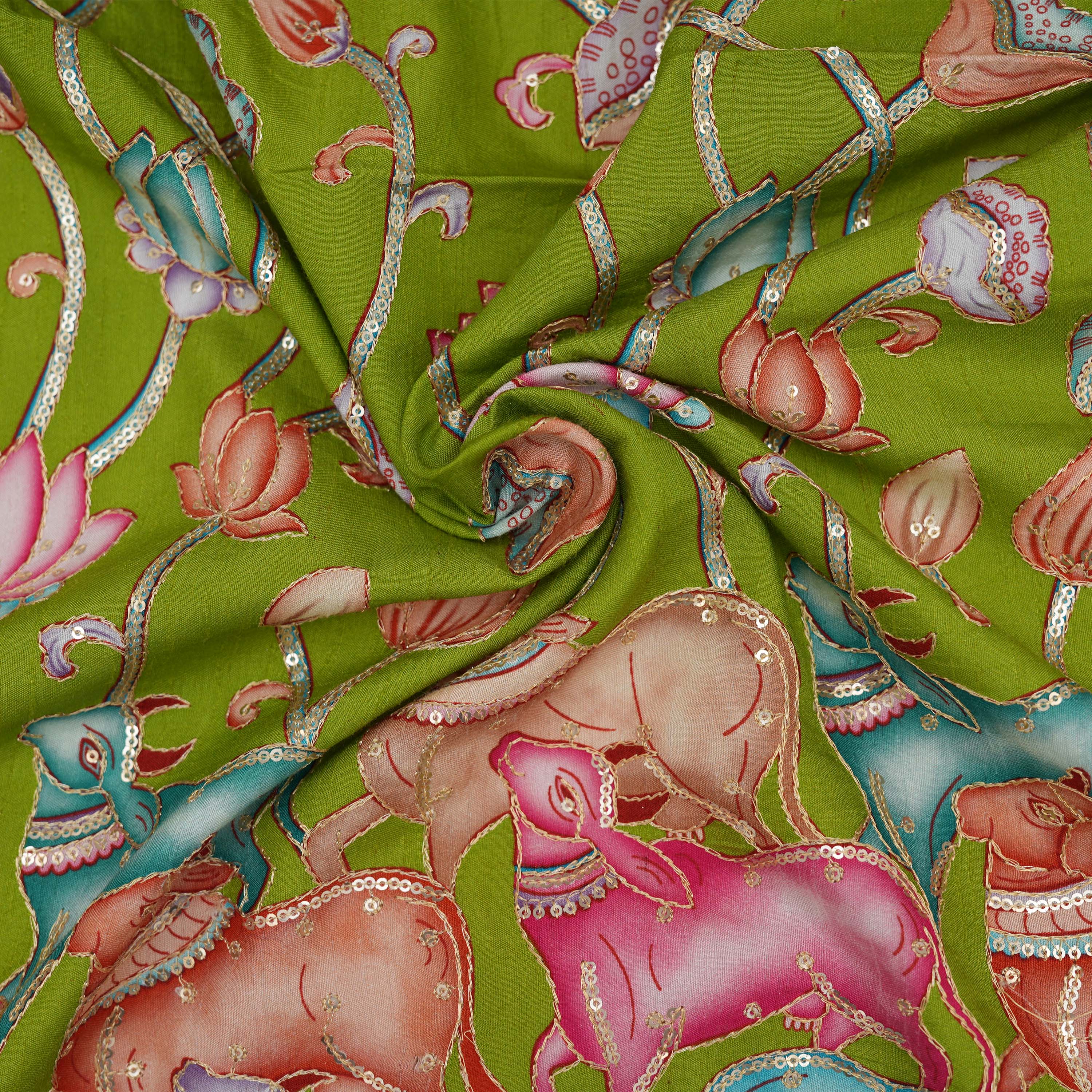 Limerick Green Printed Silk With Pichwai Work Fabric