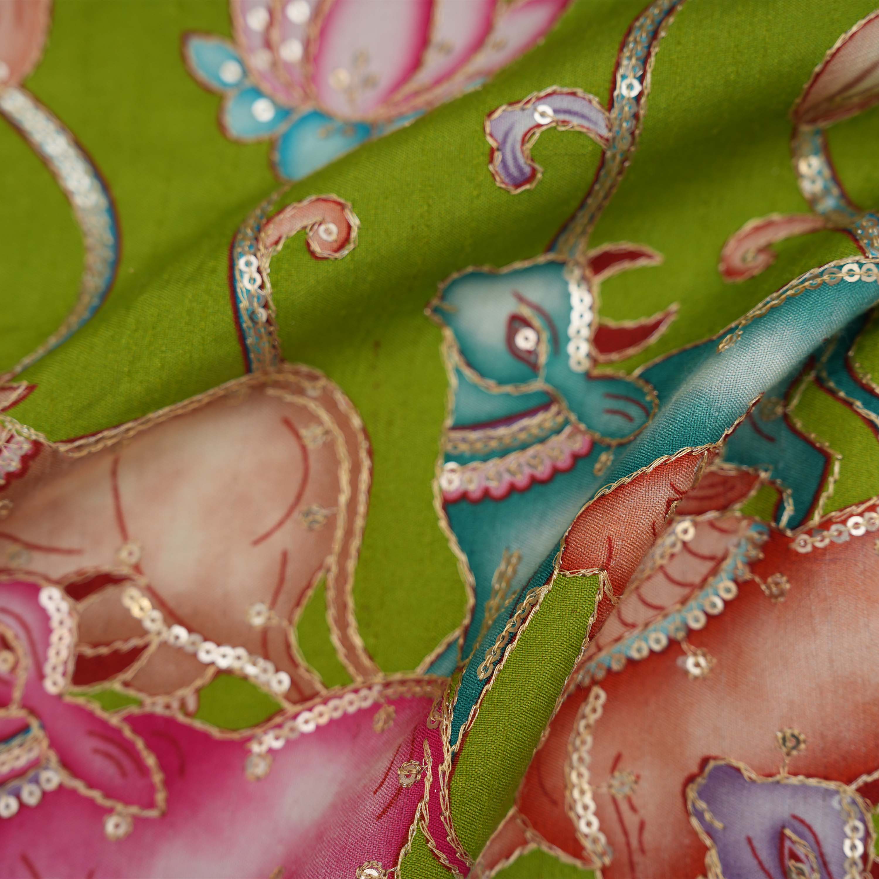 Limerick Green Printed Silk With Pichwai Work Fabric