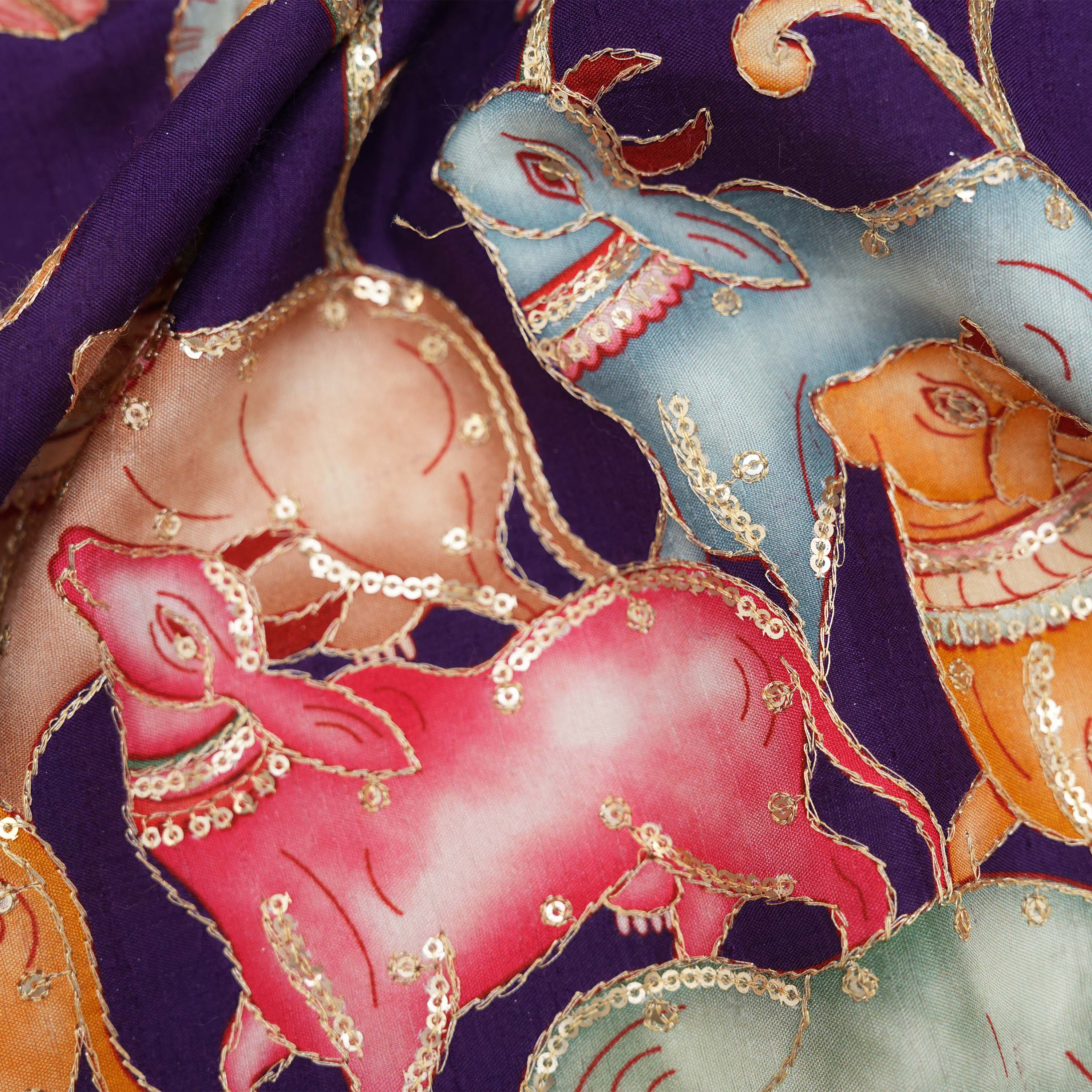 Russian Violet Pichwai Pattern With Lotus On Printed Silk Fabric