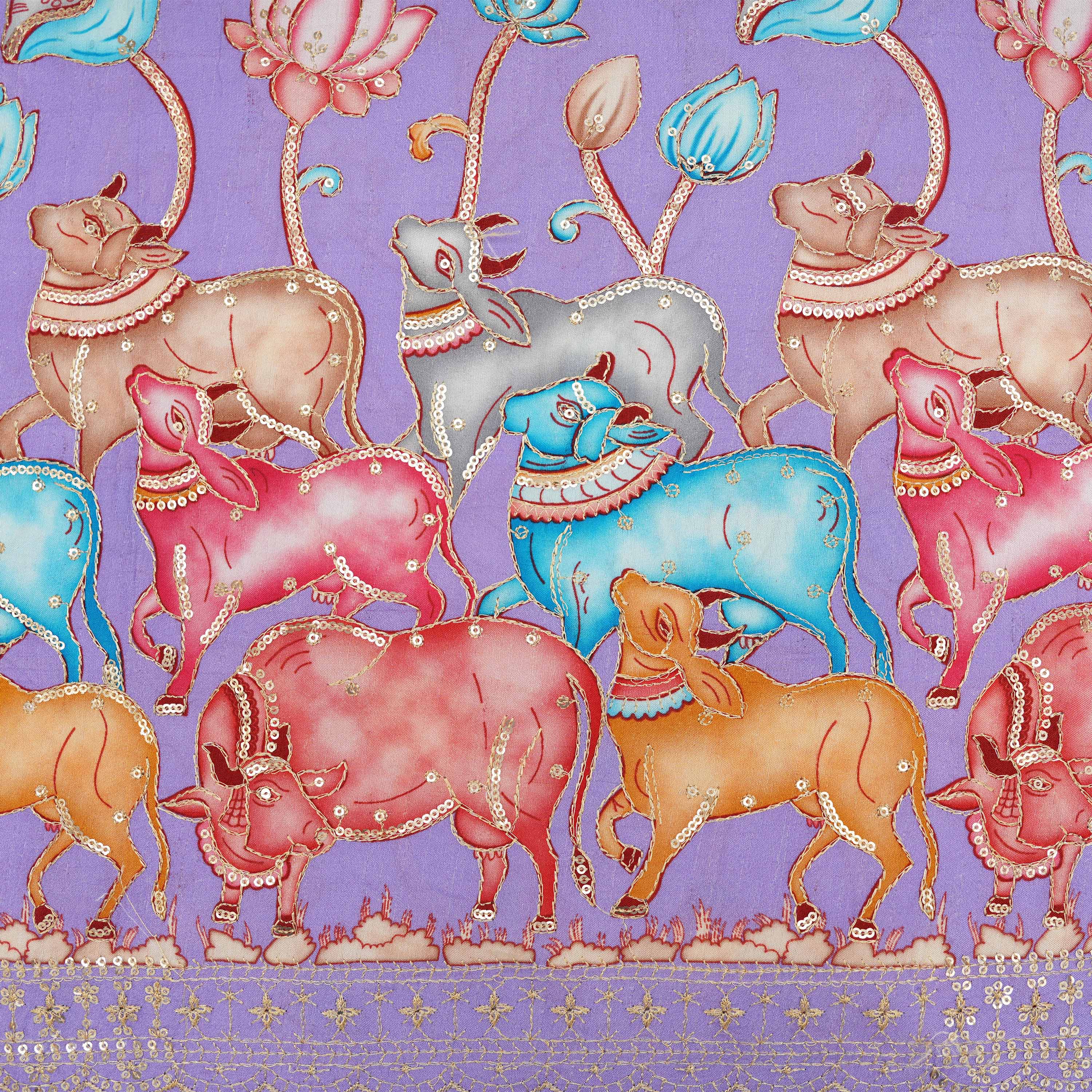 Periwinkle Purple Colourful Pichwai On Printed Silk Fabric