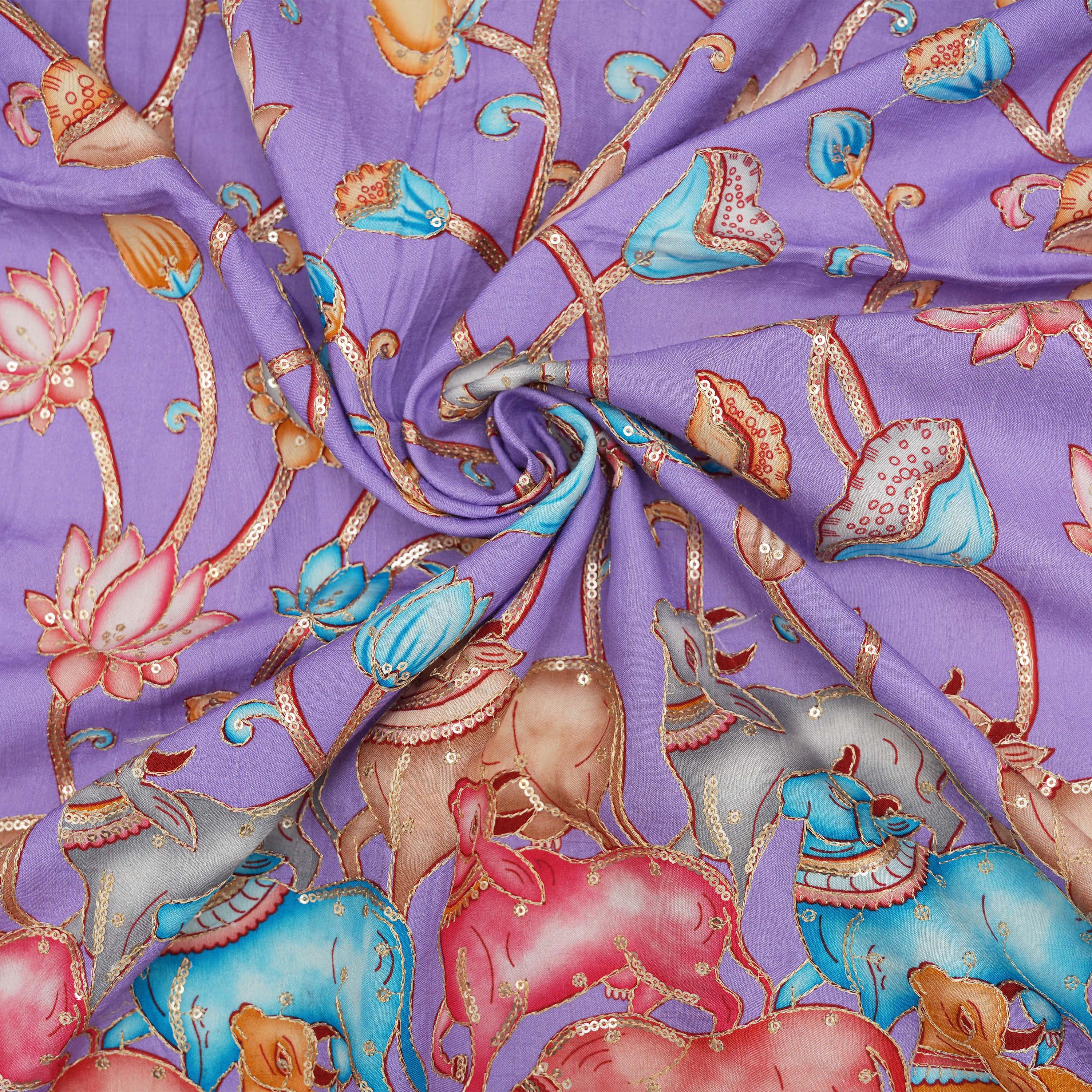 Periwinkle Purple Colourful Pichwai On Printed Silk Fabric