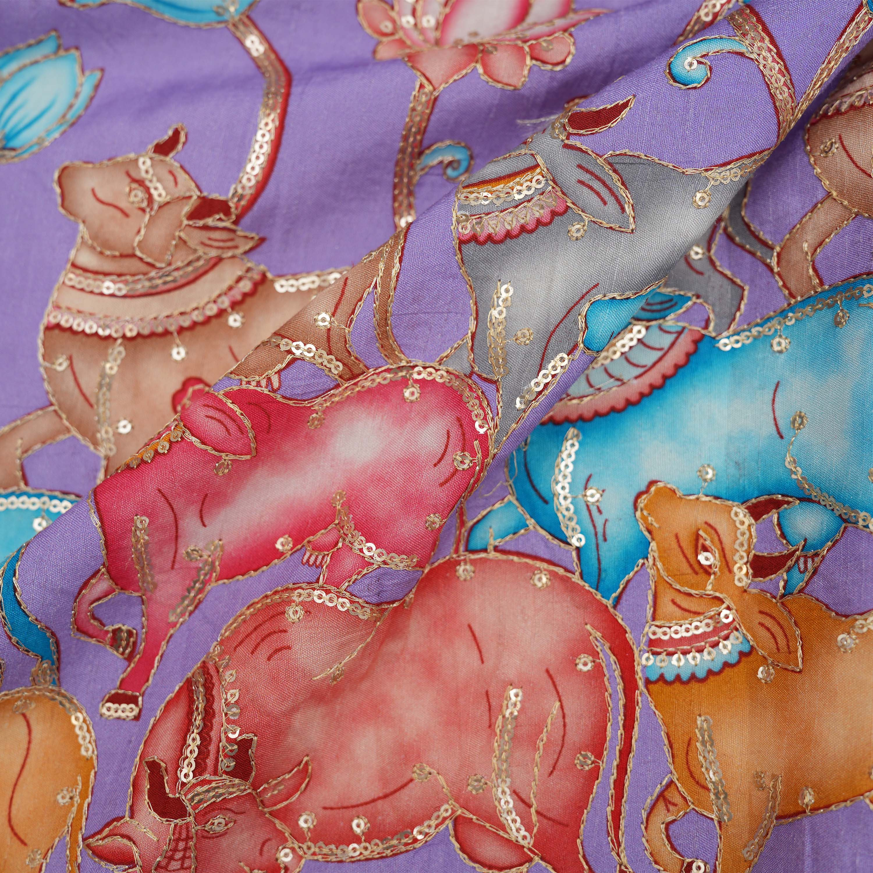 Periwinkle Purple Colourful Pichwai On Printed Silk Fabric