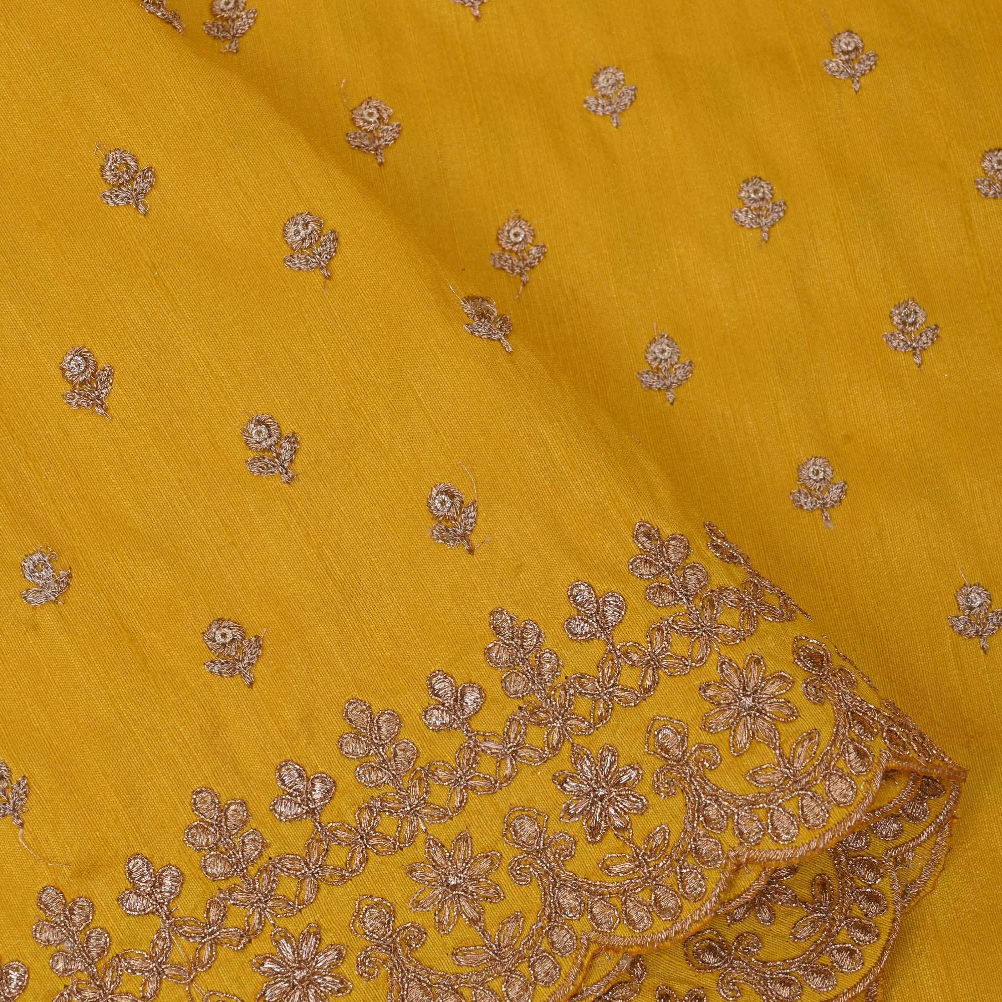 Saffron Yellow Embroidery Rawsilk Fabric