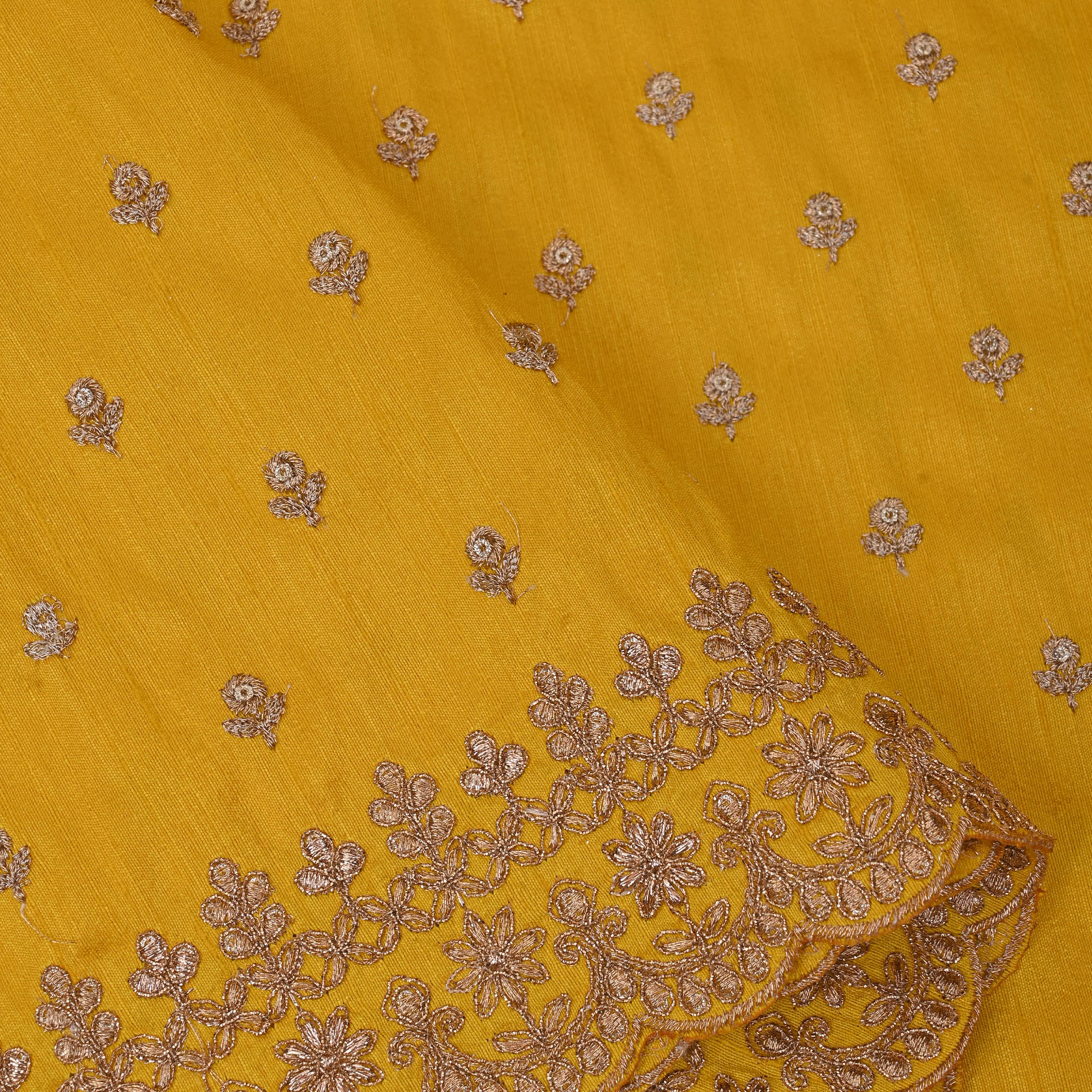 Saffron Yellow Embroidered Raw Silk Fabric