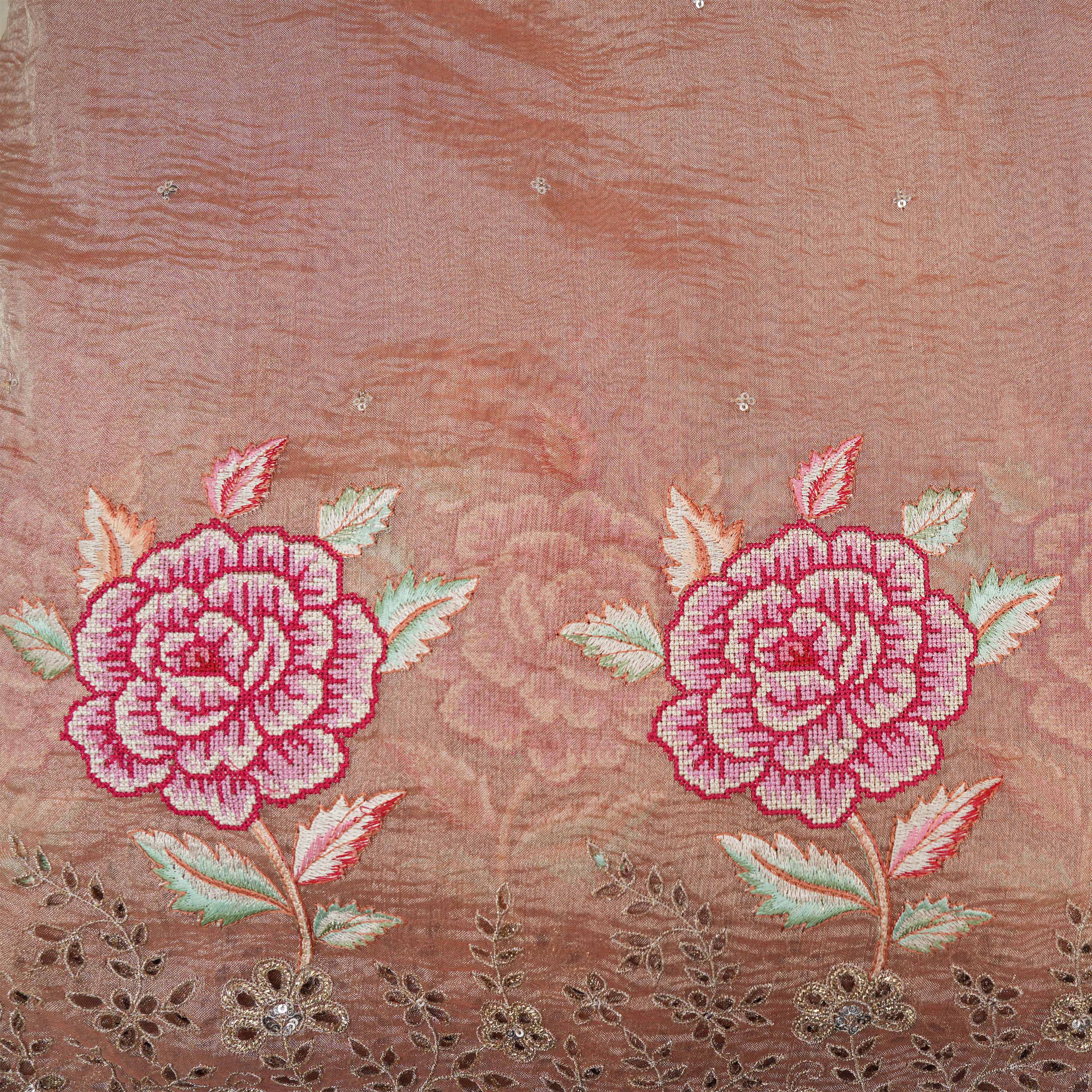 Brownish Pink Floral Threadwork With Hool Bordered Tissue Fabric