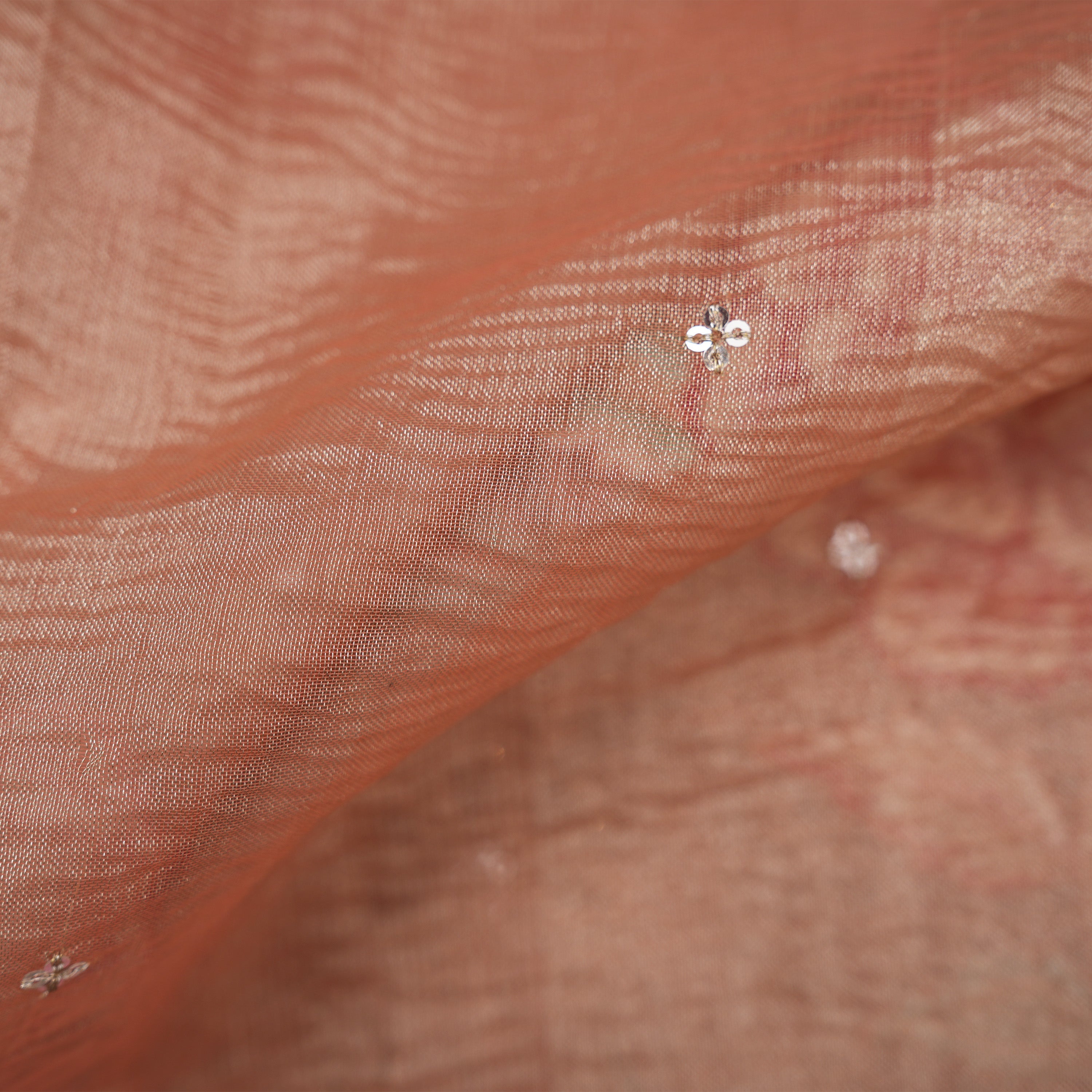 Brownish Pink Floral Thread Work With Hool Bordered Tissue Fabric