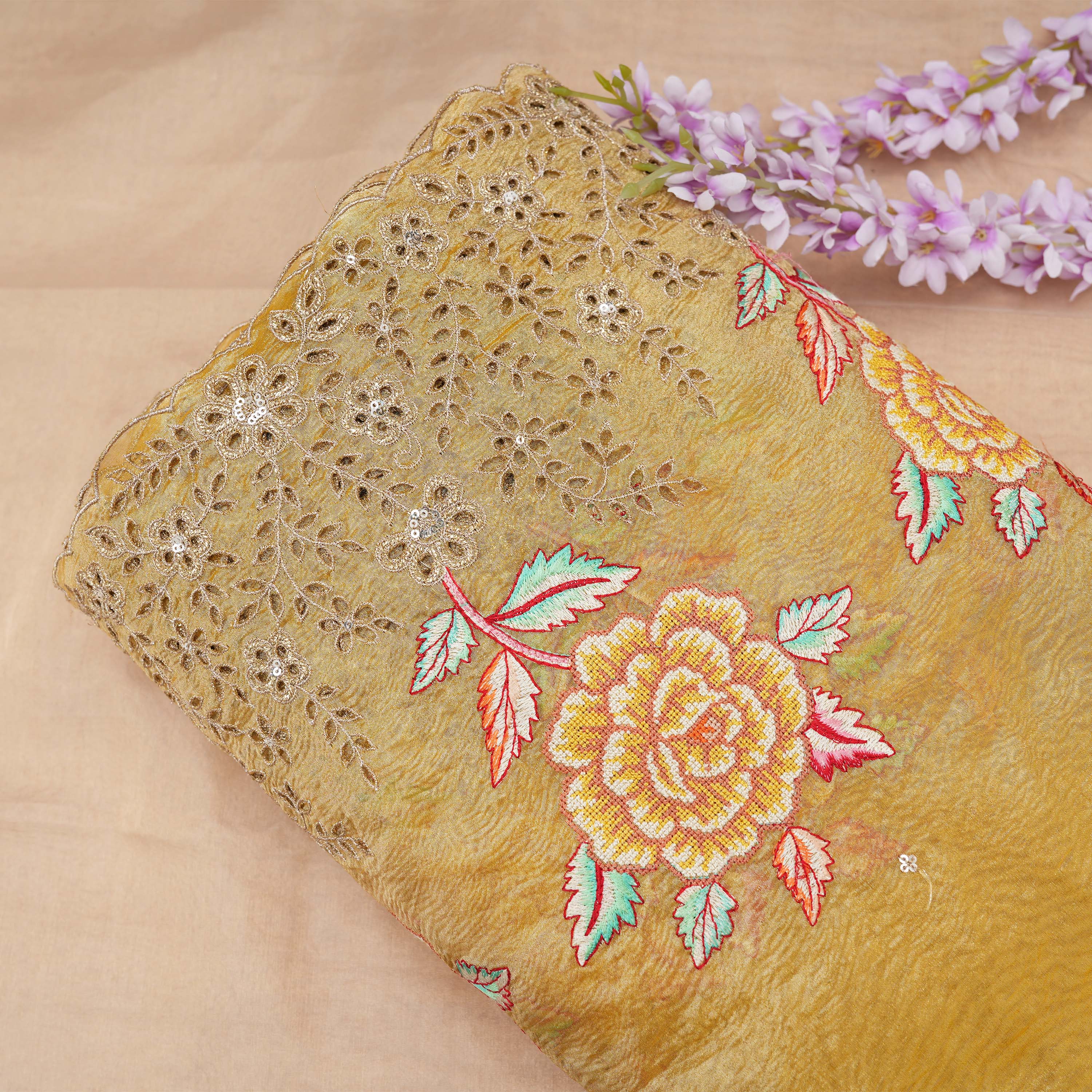 Hunyadi Yellow Threadwork With Hool Bordered Tissue Fabric