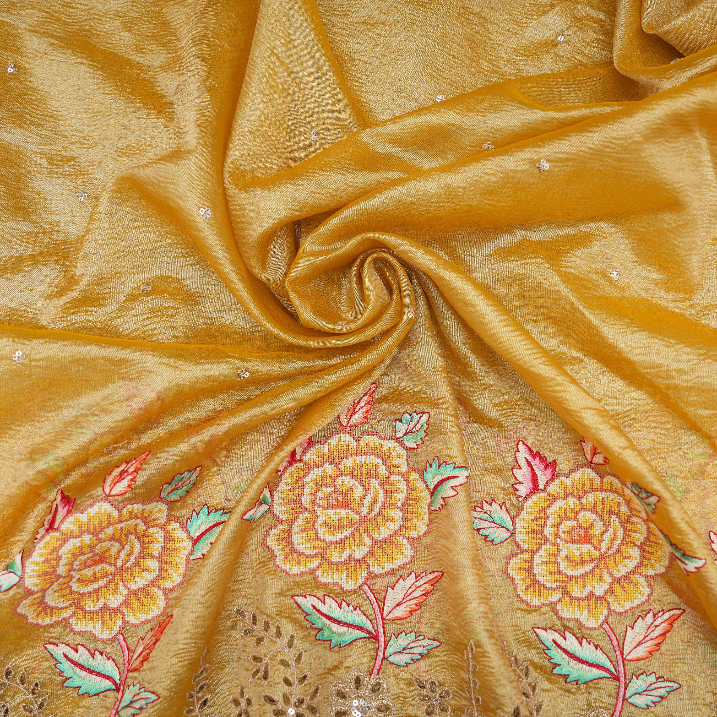 Hunyadi Yellow Thread Work With Hool Bordered Tissue Fabric