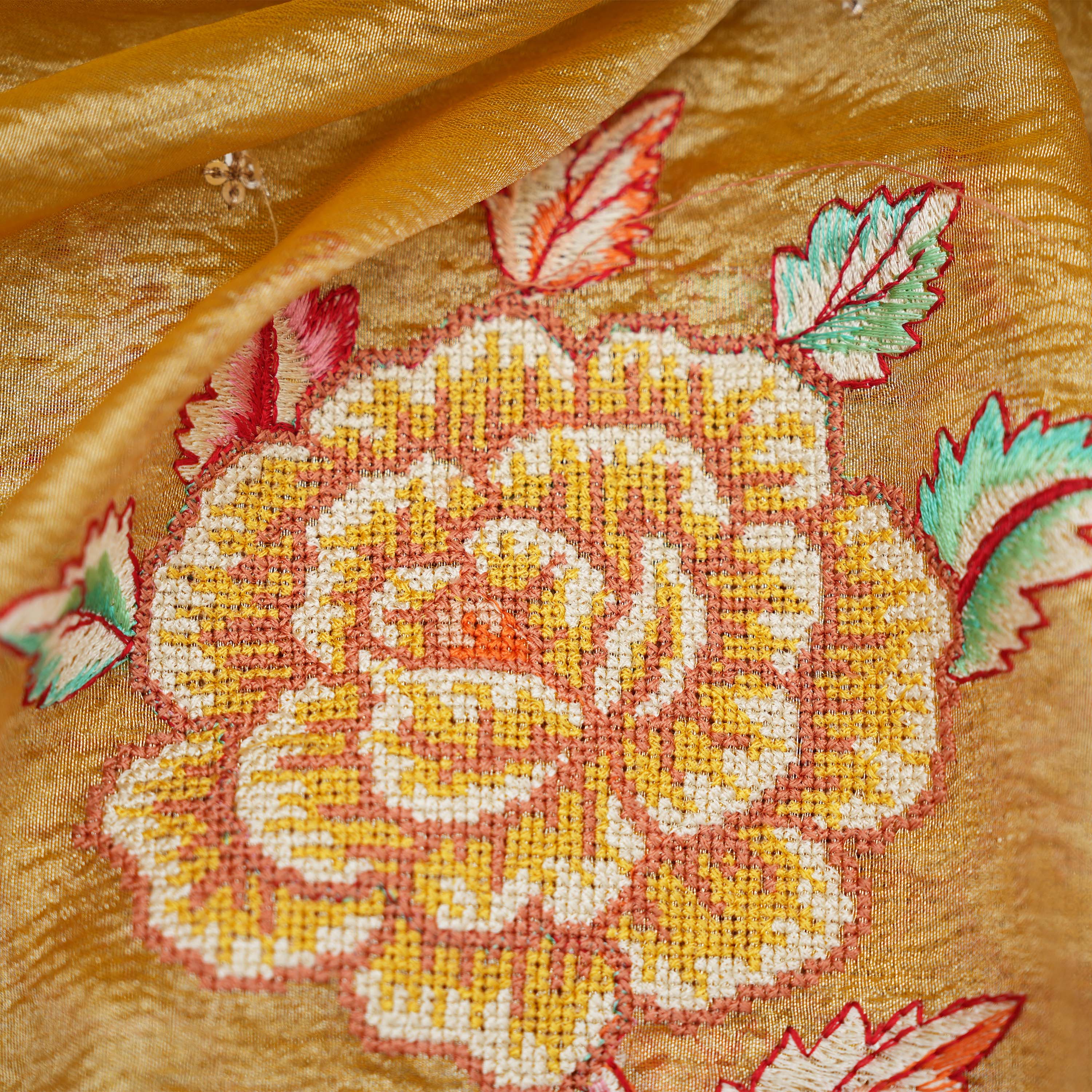 Hunyadi Yellow Thread Work With Hool Bordered Tissue Fabric
