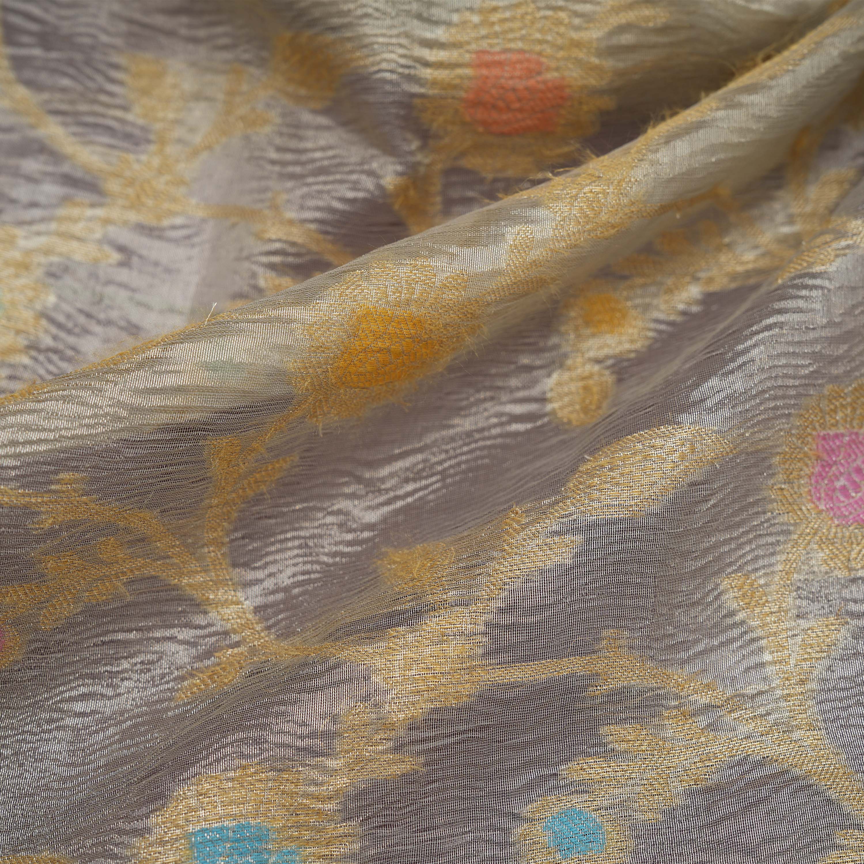 Sky Grey Floral Rangkat Banarasi Tissue Fabric