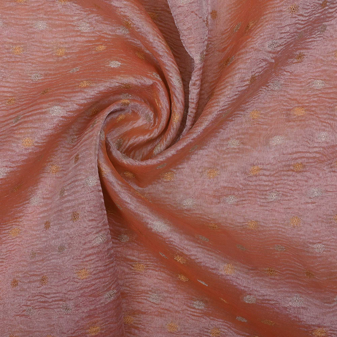 Salmon Peach Tissue Fabric With Zari Butti