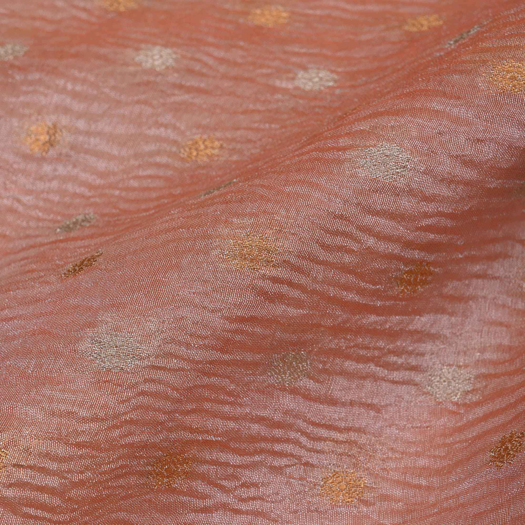 Salmon Peach Tissue Fabric With Zari Butti