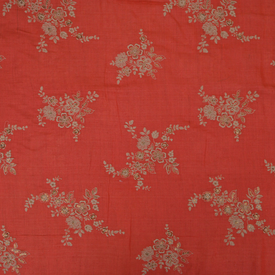 Bright Coral Red Floral Butta Embroidery Moonga Fabric