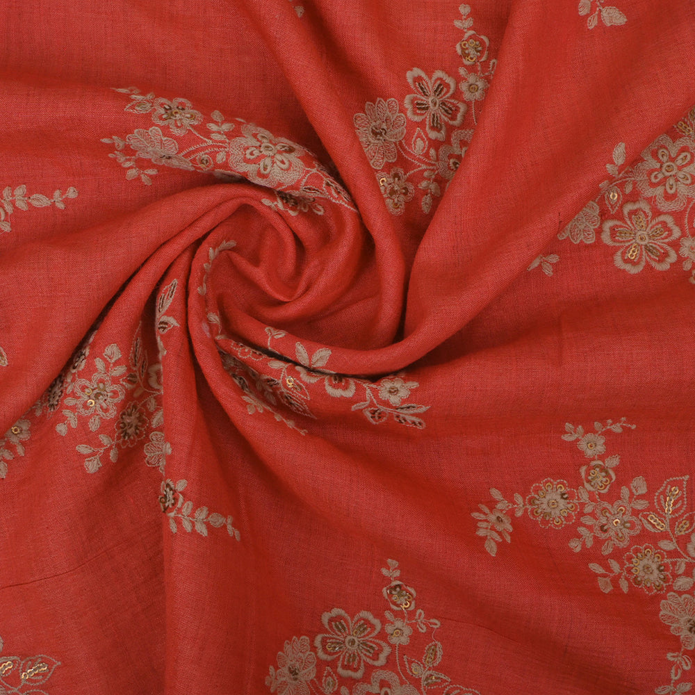 Bright Coral Red Floral Butta Embroidery Moonga Fabric