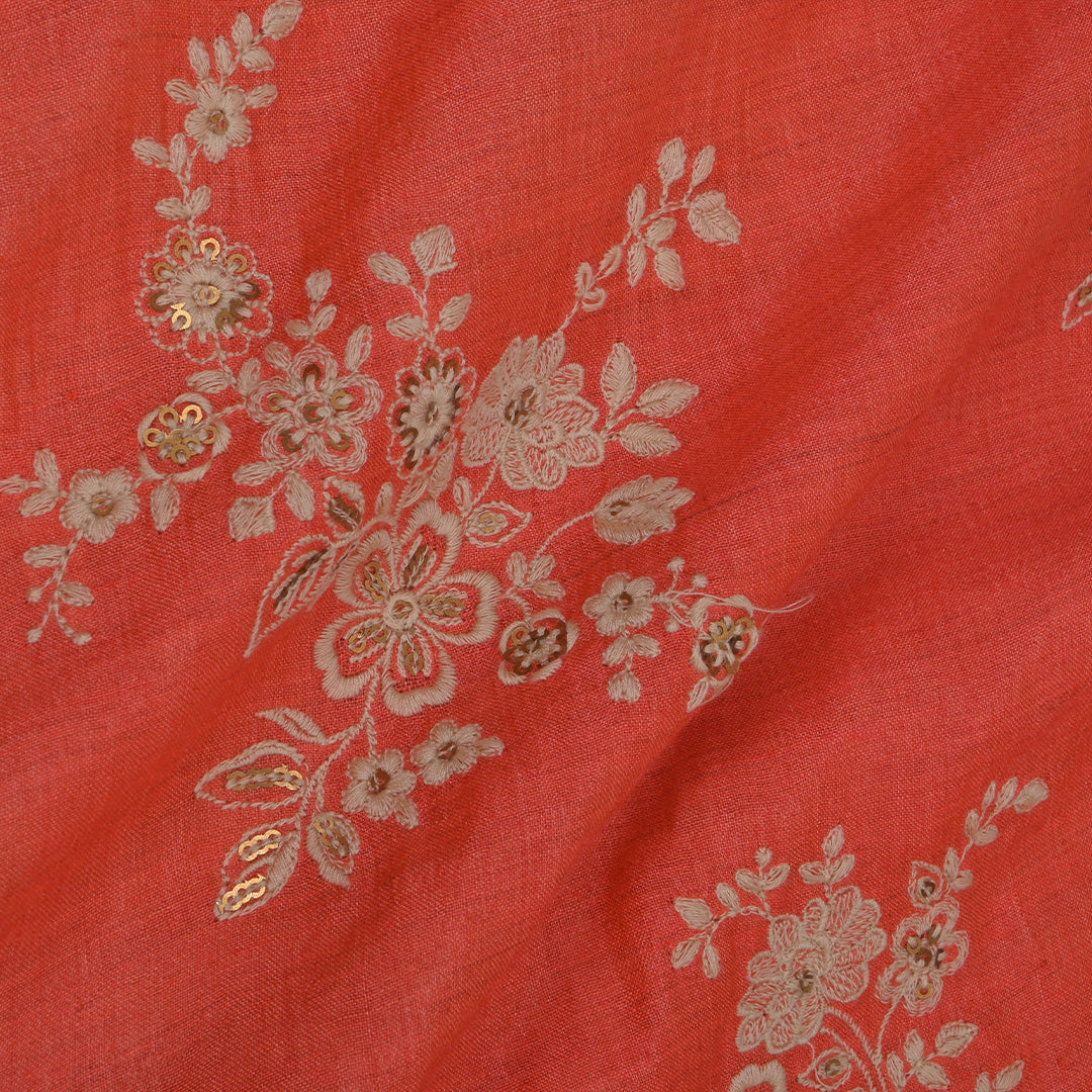 Bright Coral Red Floral Butta Embroidery Moonga Fabric