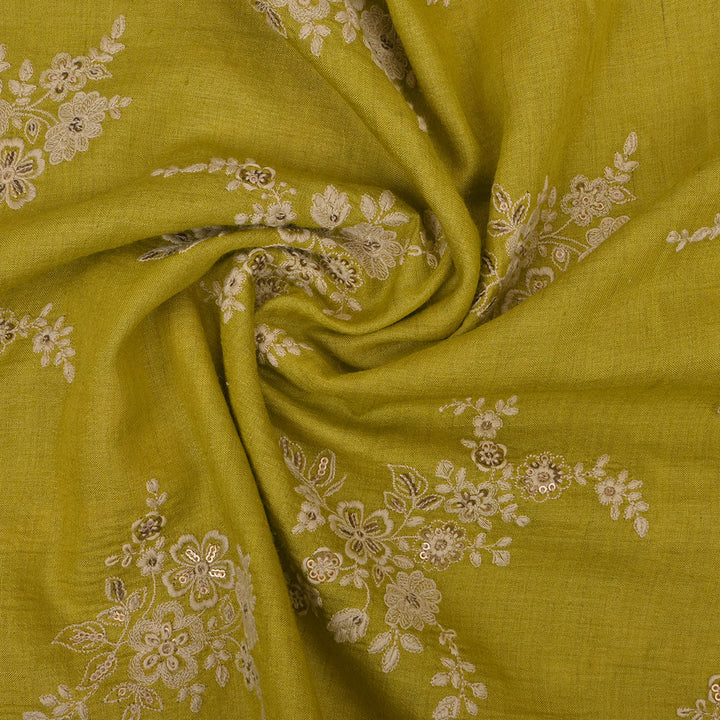 Pear Green Floral Butta Embroidery Moonga Fabric