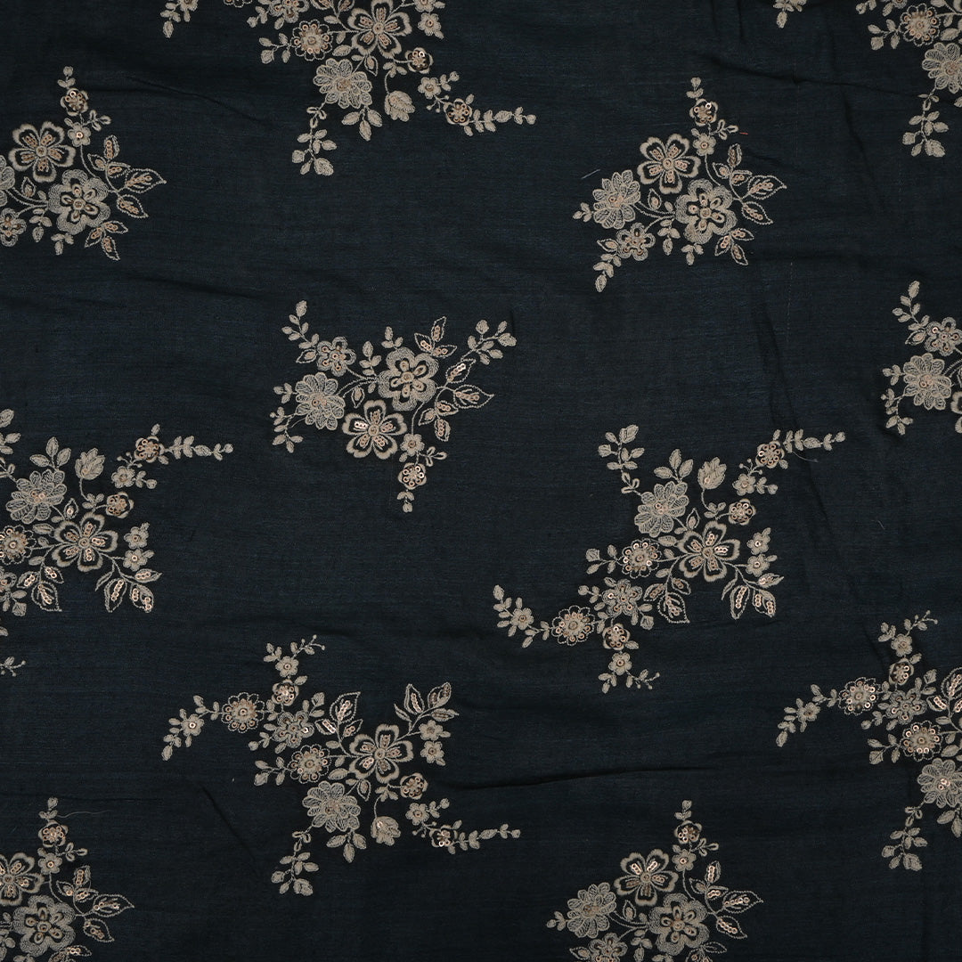 Jet Black Floral Butta Embroidery Moonga Fabric