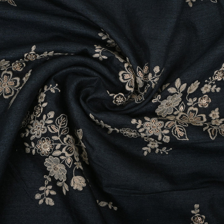 Jet Black Floral Butta Embroidery Moonga Fabric