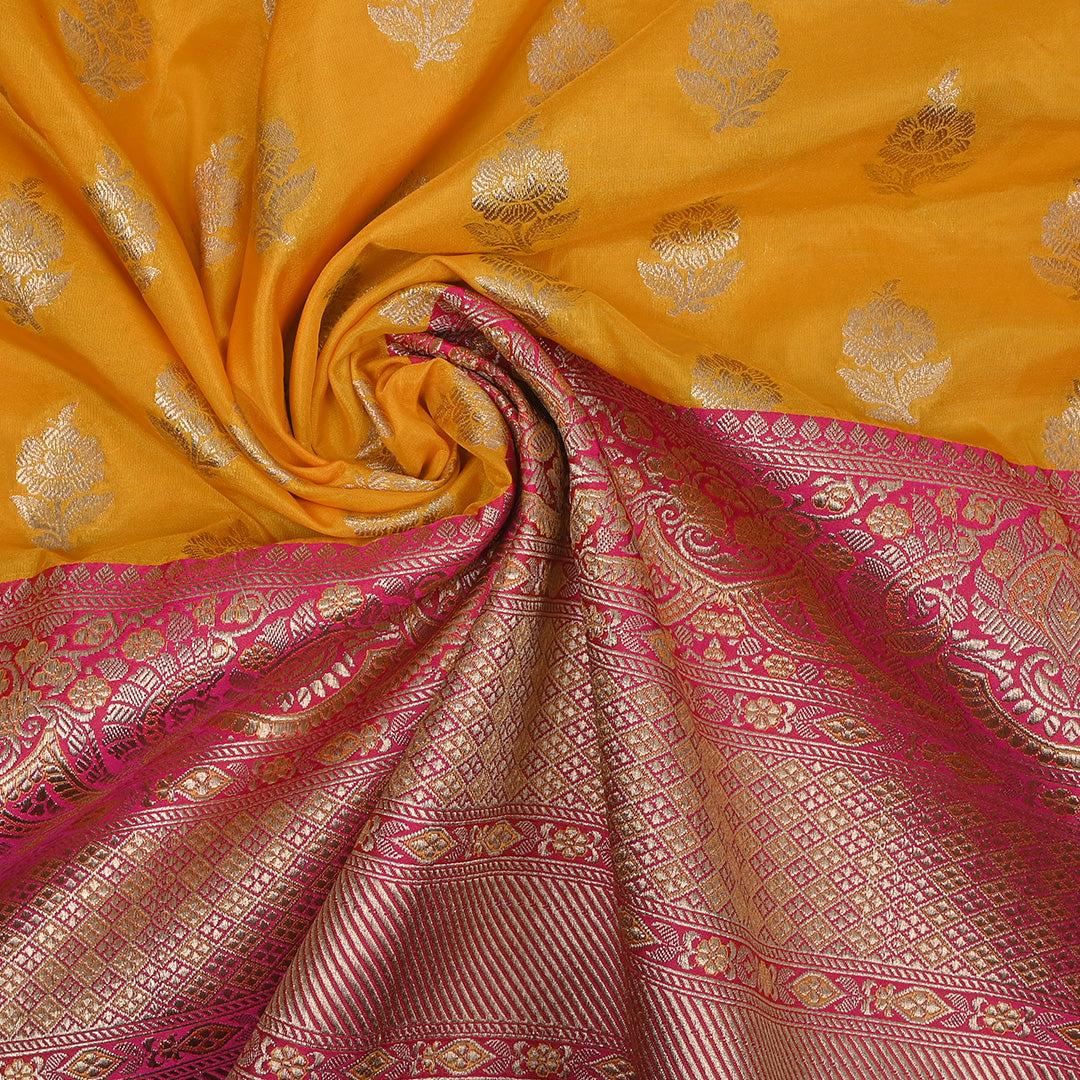 Turmeric Yellow Jamawar Silk Fabric With Floral Butta