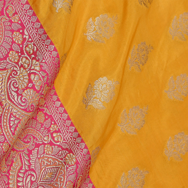 Turmeric Yellow Jamawar Silk Fabric With Floral Butta