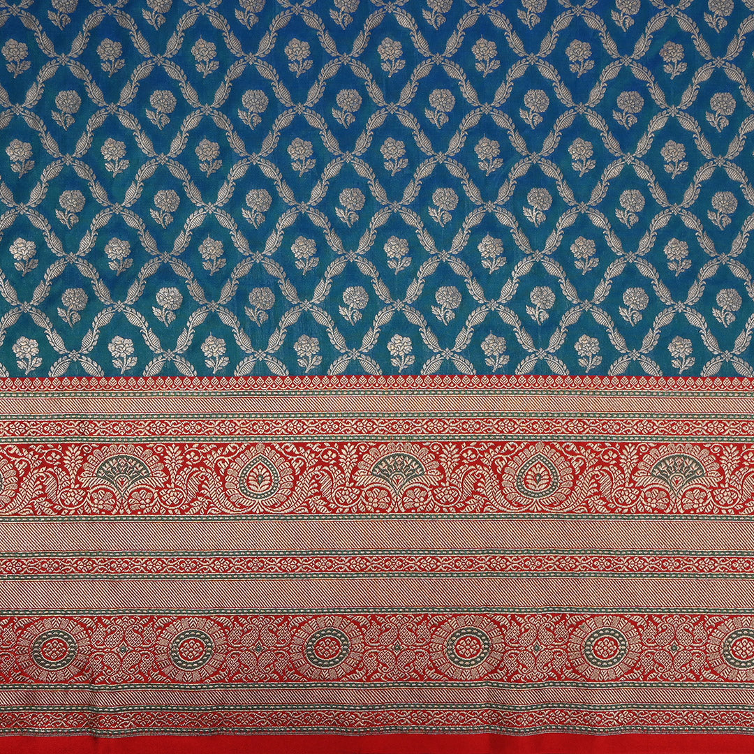 Peacock Blue Floral Jamawar Silk Fabric