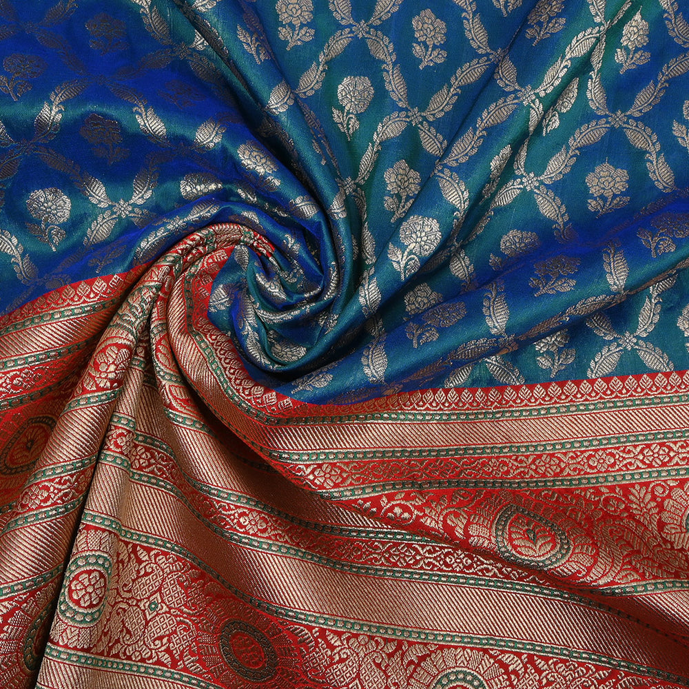 Peacock Blue Floral Jamawar Silk Fabric