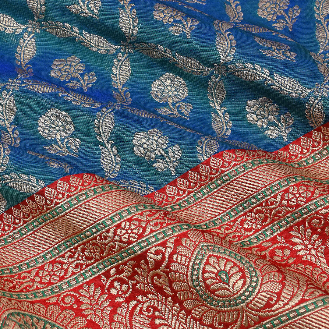 Peacock Blue Floral Jamawar Silk Fabric