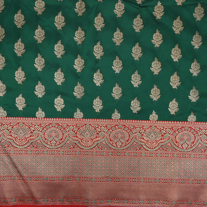 Bottle Green Jamawar Silk Fabric With Floral Butta