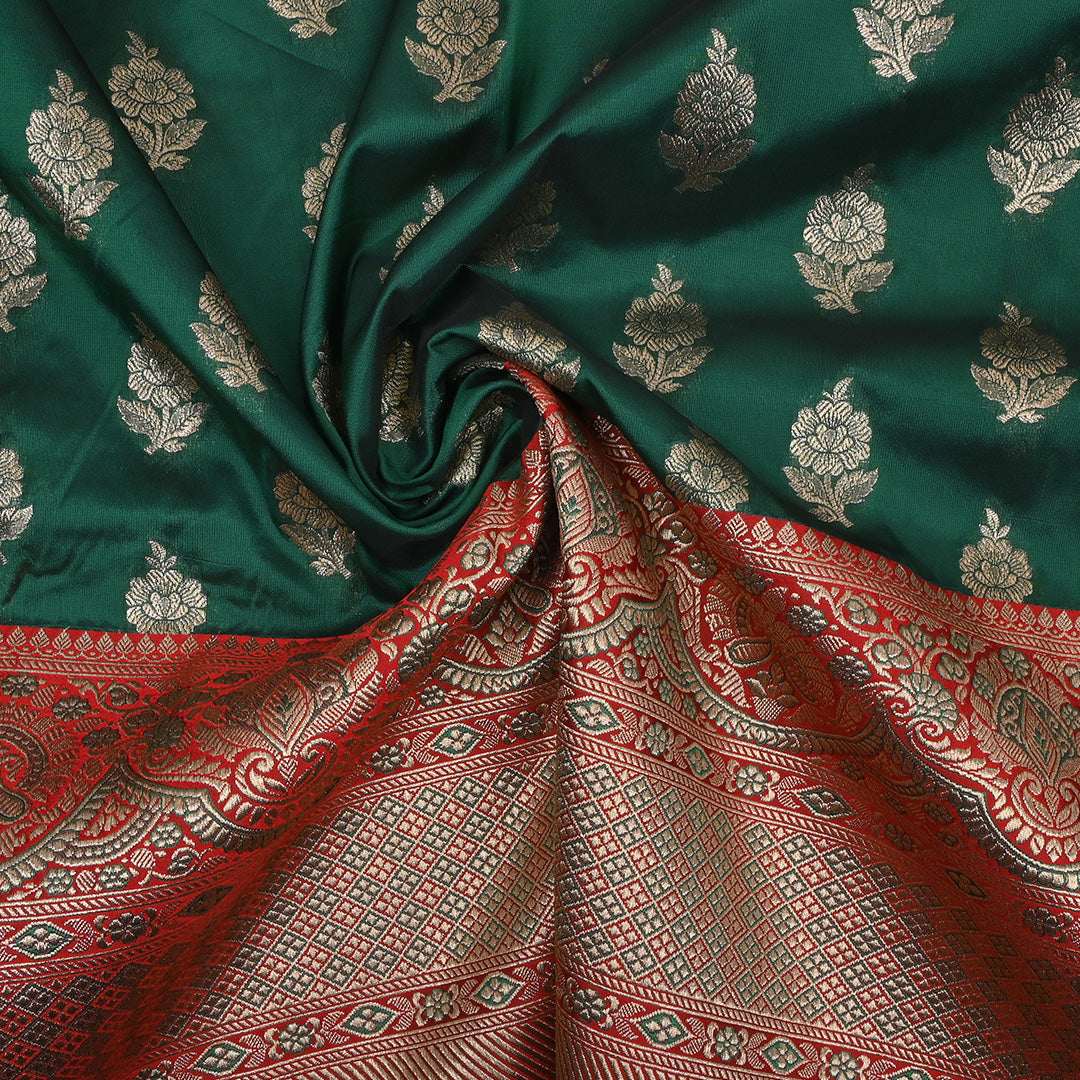 Bottle Green Jamawar Silk Fabric With Floral Butta