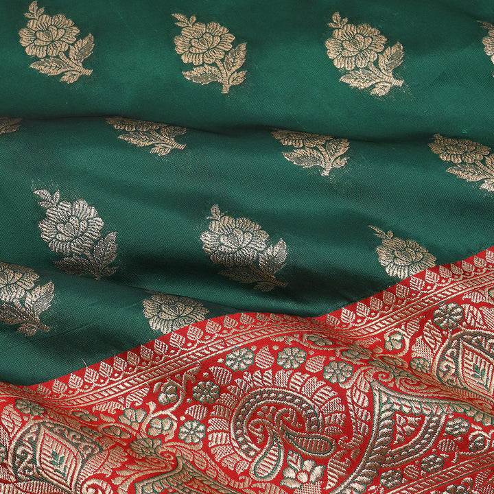 Bottle Green Jamawar Silk Fabric With Floral Butta