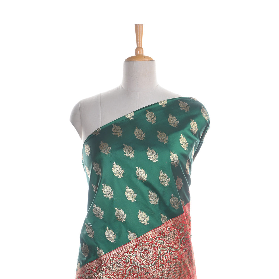 Bottle Green Jamawar Silk Fabric With Floral Butta