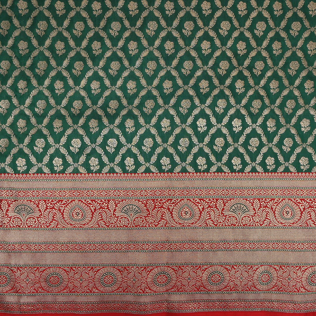 Deep Green Jamawar Silk Fabric With Floral Pattern