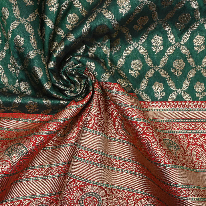 Deep Green Jamawar Silk Fabric With Floral Pattern