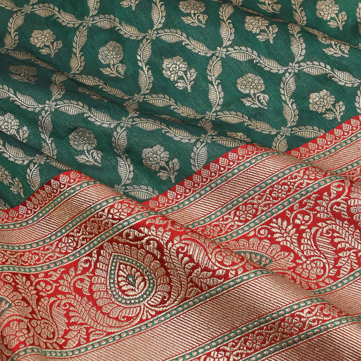 Deep Green Jamawar Silk Fabric With Floral Pattern