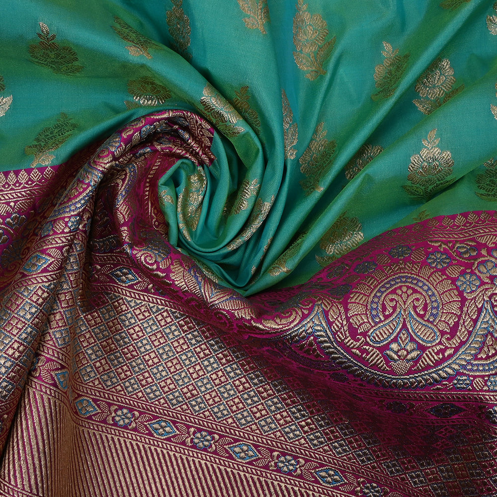 Deep Sea Green Floral Jamawar Silk Fabric