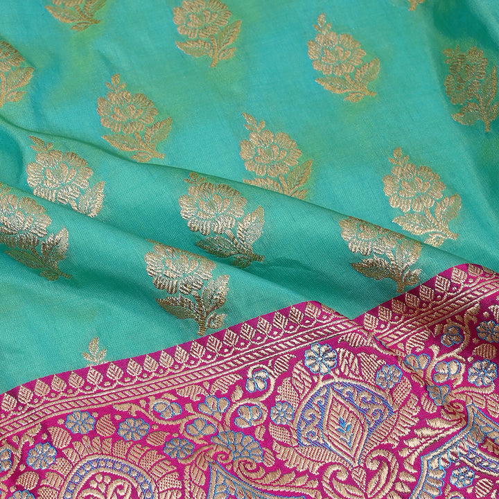 Deep Sea Green Floral Jamawar Silk Fabric