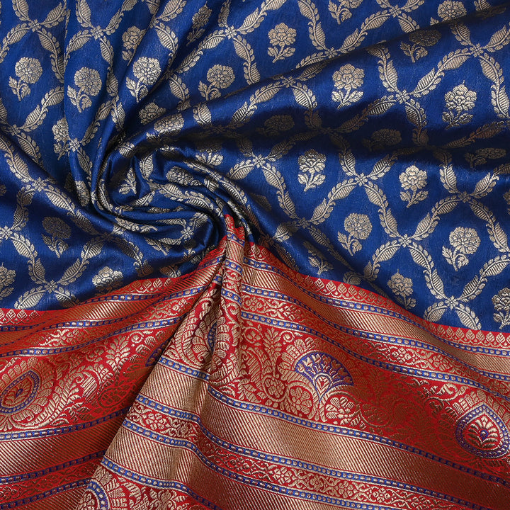 Dark Navy Blue Floral Jamawar Silk Fabric