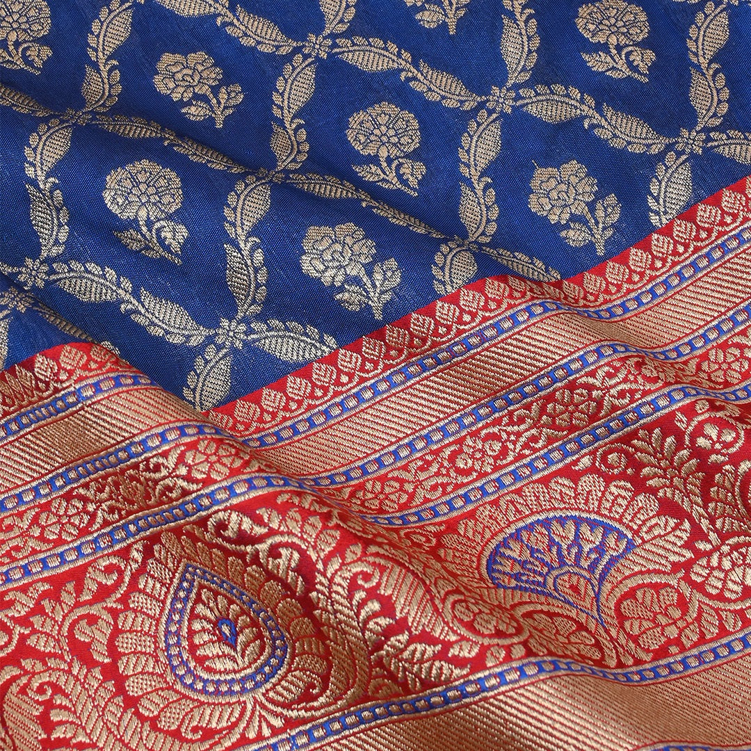 Dark Navy Blue Floral Jamawar Silk Fabric