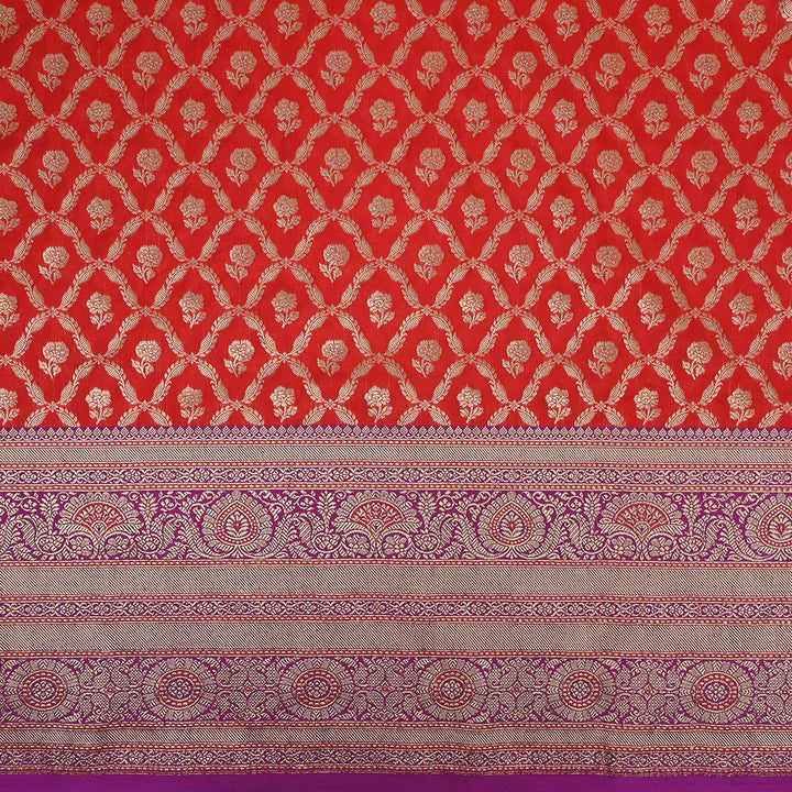 Chilli Red Jamawar Silk Fabric With Floral Pattern