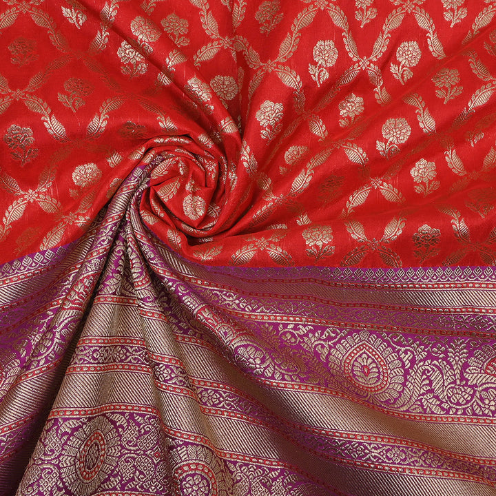 Chilli Red Jamawar Silk Fabric With Floral Pattern