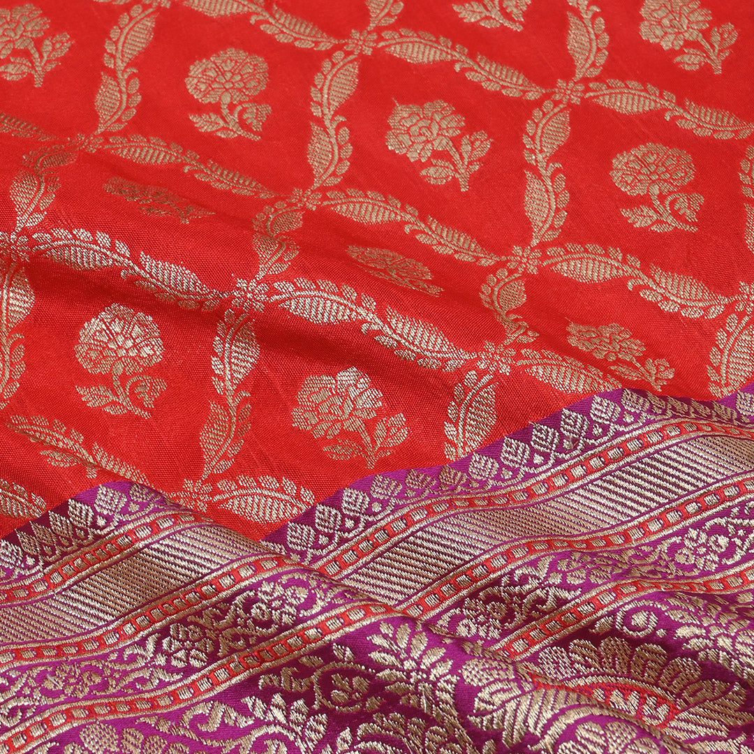 Chilli Red Jamawar Silk Fabric With Floral Pattern