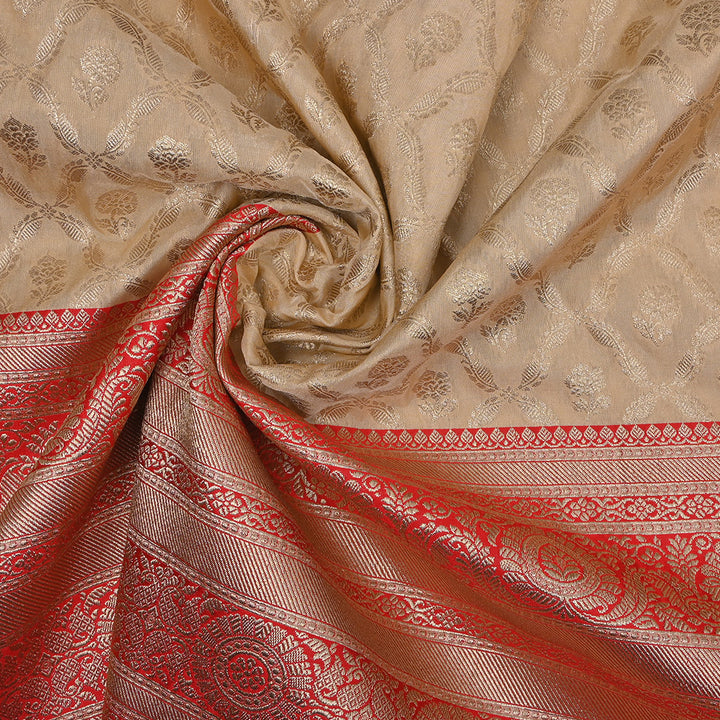 Almond Brown Jamawar Silk Fabric With Floral Pattern