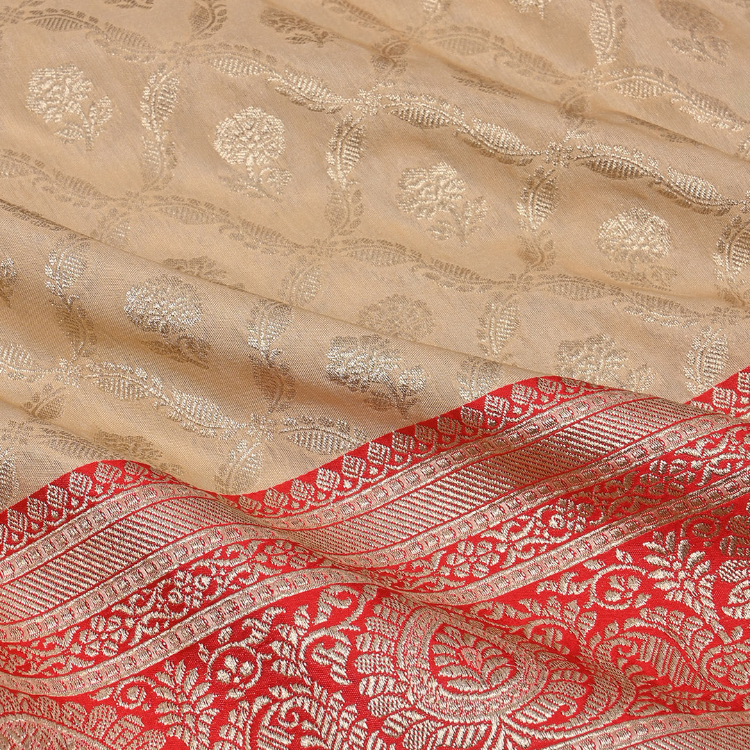 Almond Brown Jamawar Silk Fabric With Floral Pattern