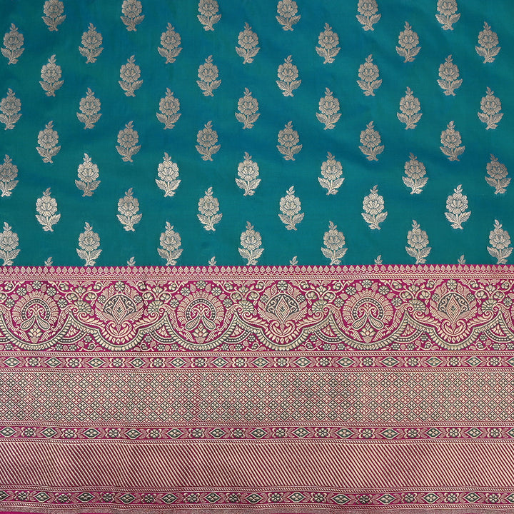 Deep Aqua Blue Floral Jamawar Silk Fabric