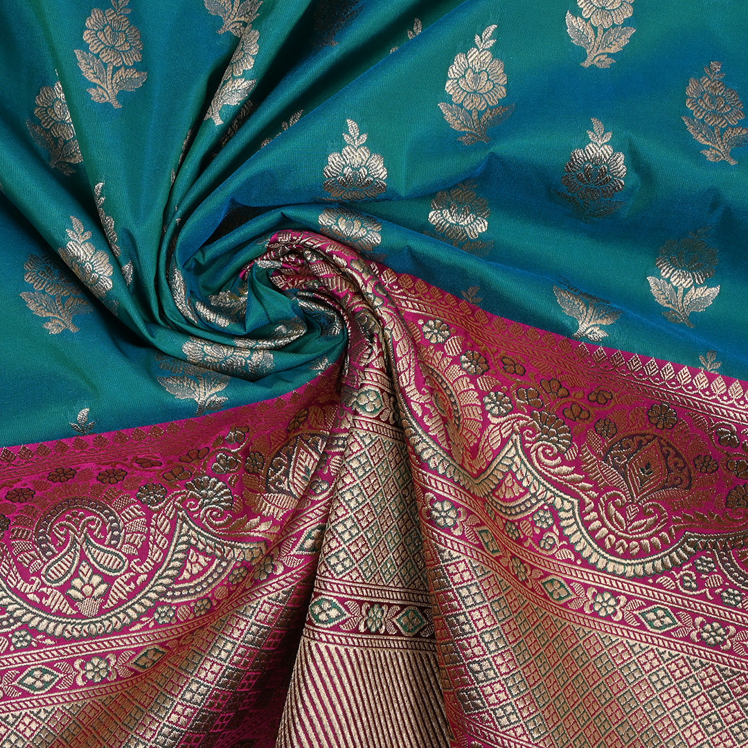 Deep Aqua Blue Floral Jamawar Silk Fabric