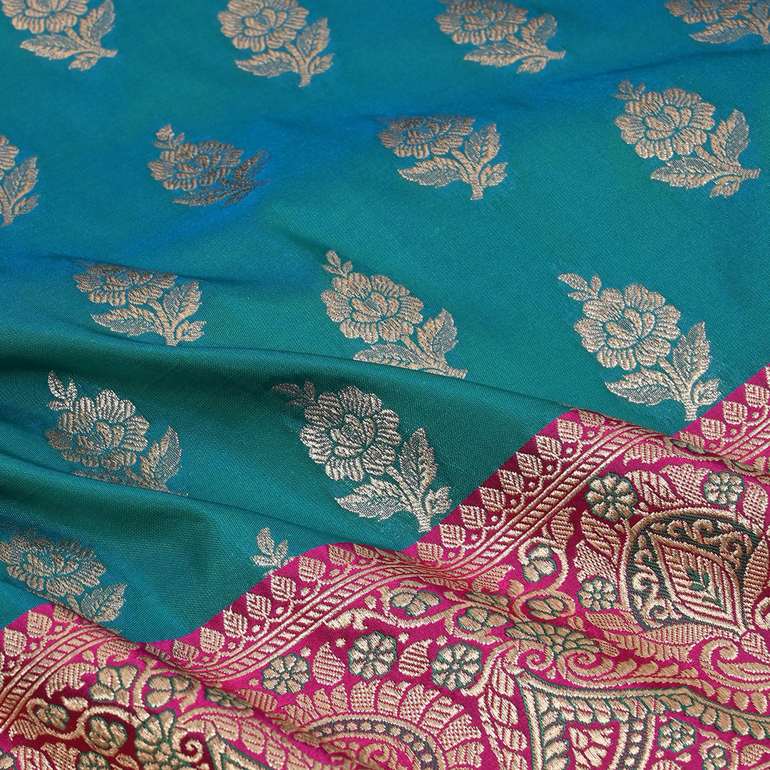 Deep Aqua Blue Floral Jamawar Silk Fabric