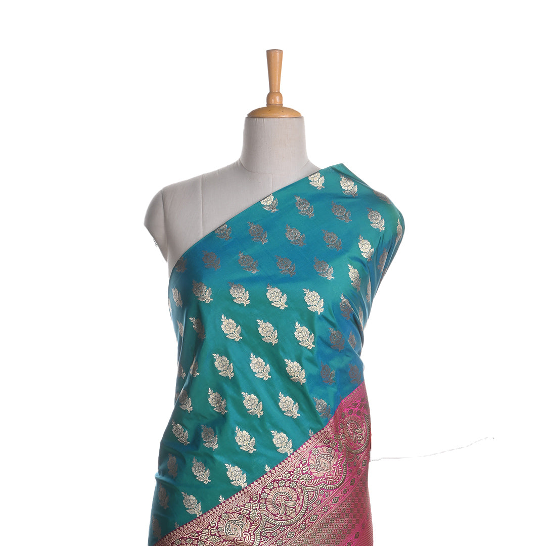 Deep Aqua Blue Floral Jamawar Silk Fabric