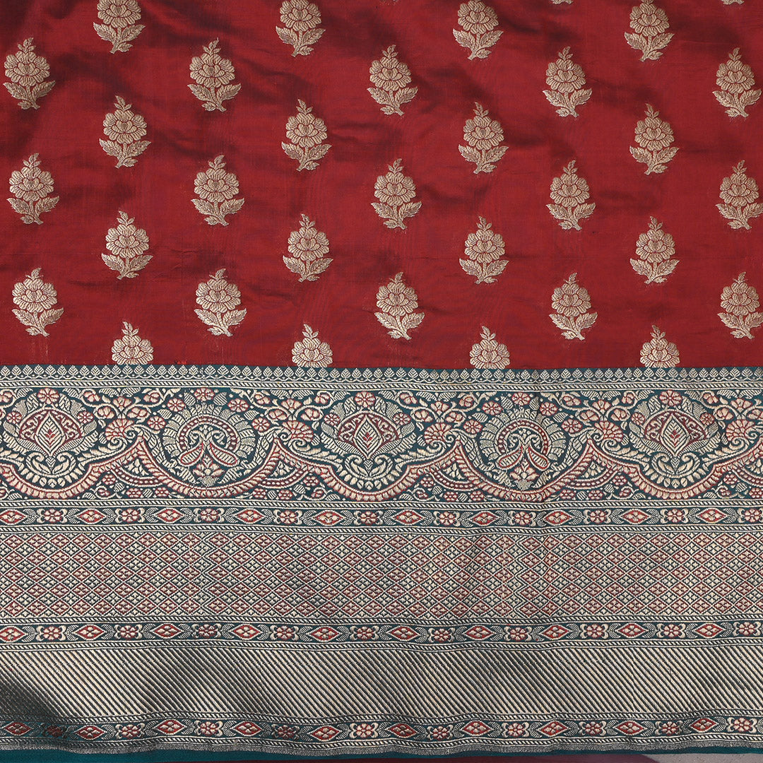 Chinese Maroon Jamawar Silk Fabric With Floral Butta