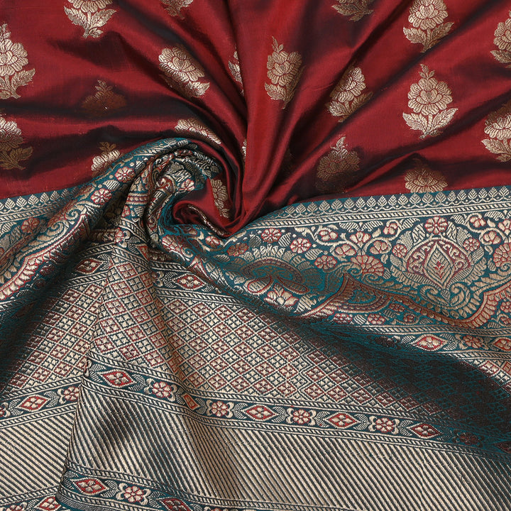 Chinese Maroon Jamawar Silk Fabric With Floral Butta