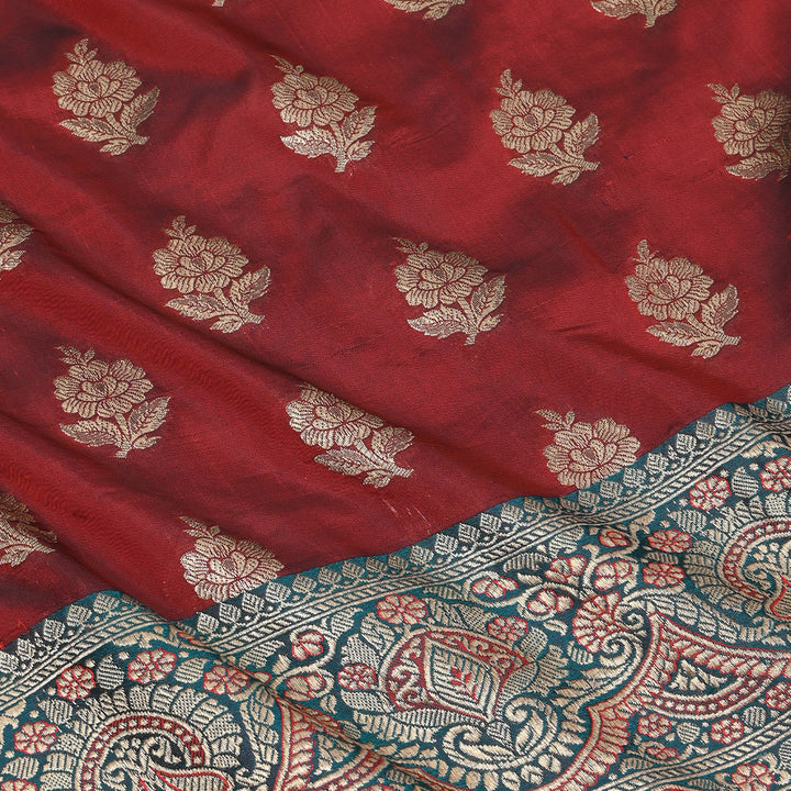 Chinese Maroon Jamawar Silk Fabric With Floral Butta